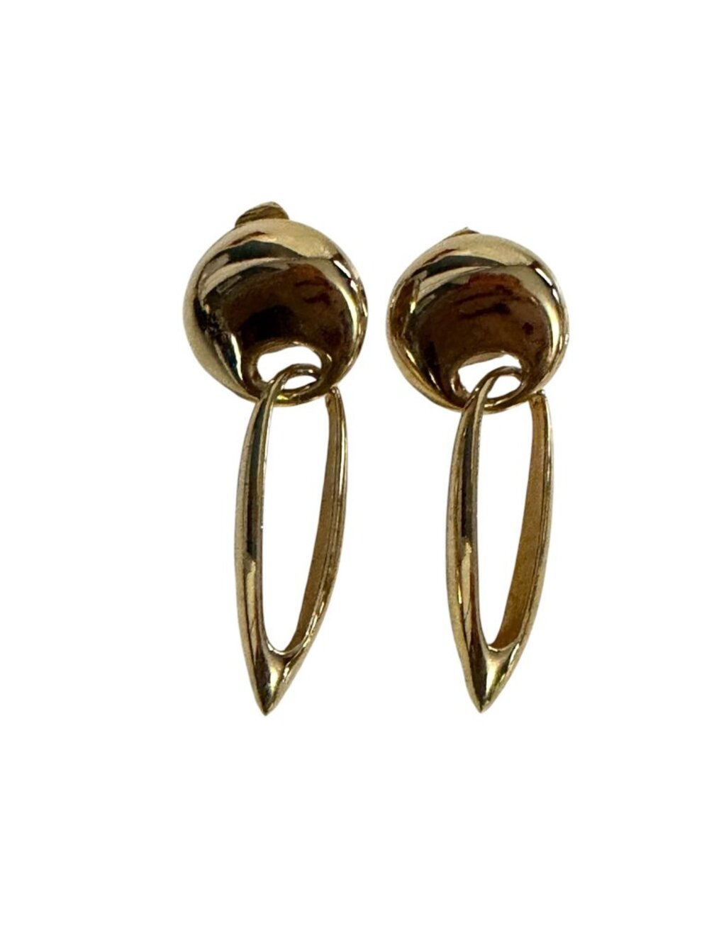 Vintage Gold Tone Open Marquise Drop Clip On Earrings Modernist 2 Inch